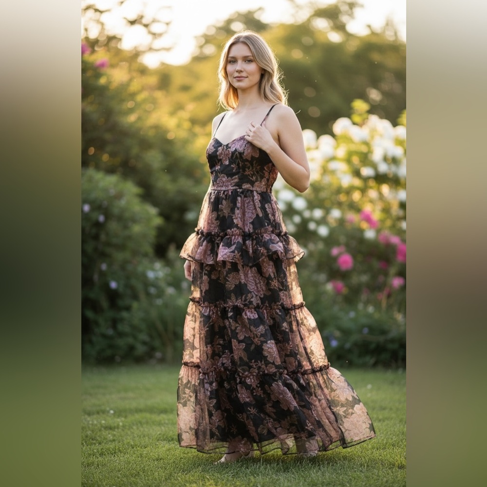 NWOT Lulus Floral Lace Maxi Dress - Black and Pink